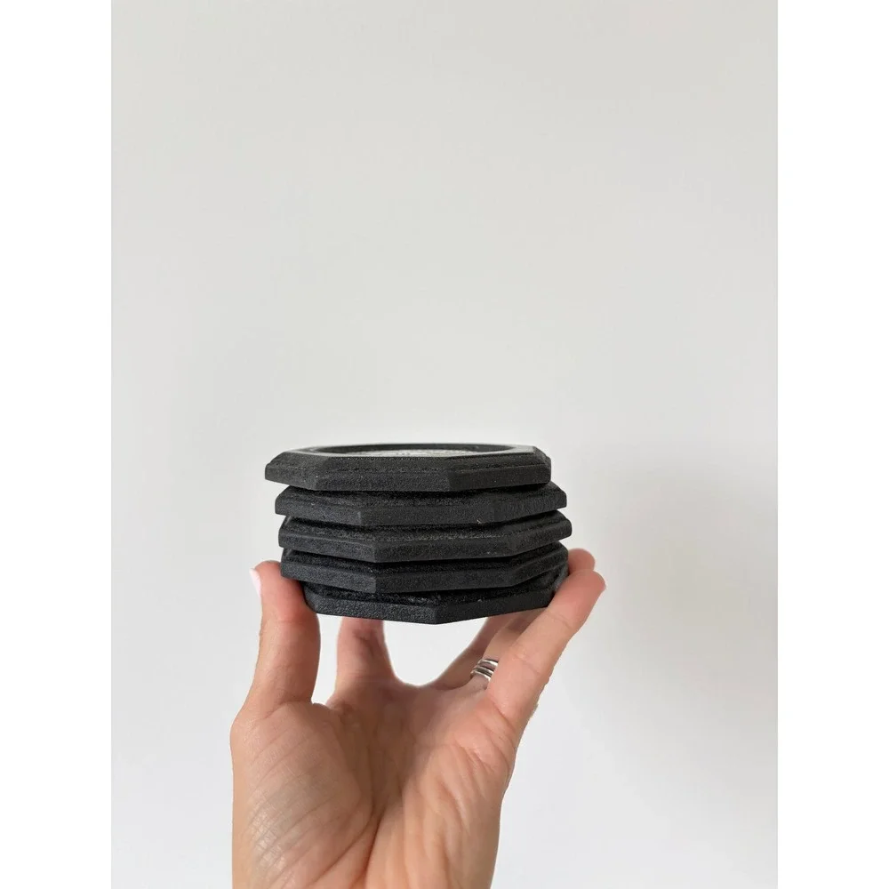 Vintage Thai Elephant Coasters Set of 5 Octagonal Black Silver Tone